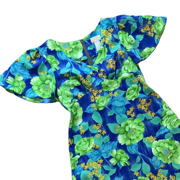 McInerny Hawaiian Maxi Dress Empire Waist Lime Green Floral Vintage 70s - Picture 4 of 6